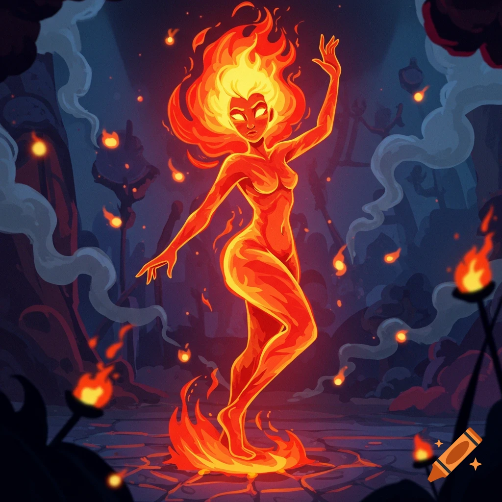 A vibrant cartoon fire elemental woman with glowing eyes dancing in a mystical, smoky setting.