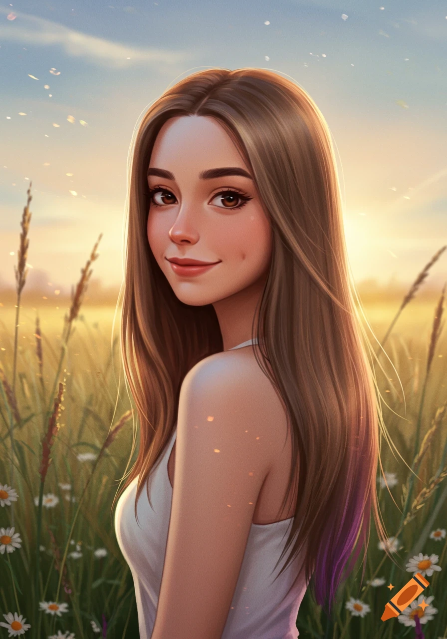 A smiling young woman with long brown hair and subtle purple highlights stands in a sunny field of tall grass and daisies, in a stylized digital art style.