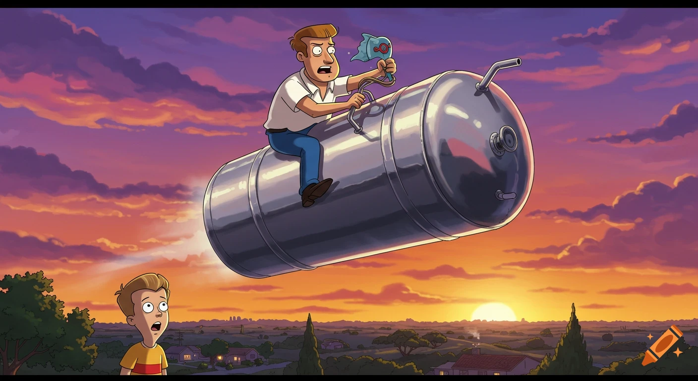 A cartoon man rides a large propane tank through a colorful sunset sky, as a boy watches from below with a shocked expression.
