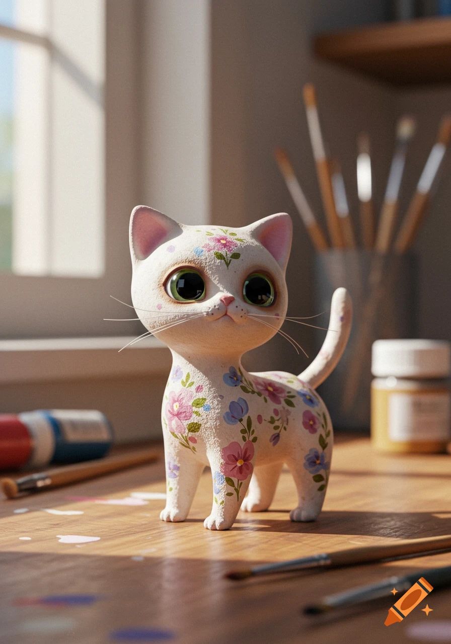 A cute white cat figurine with green eyes and colorful floral patterns stands on a sunlit wooden table surrounded by art supplies.