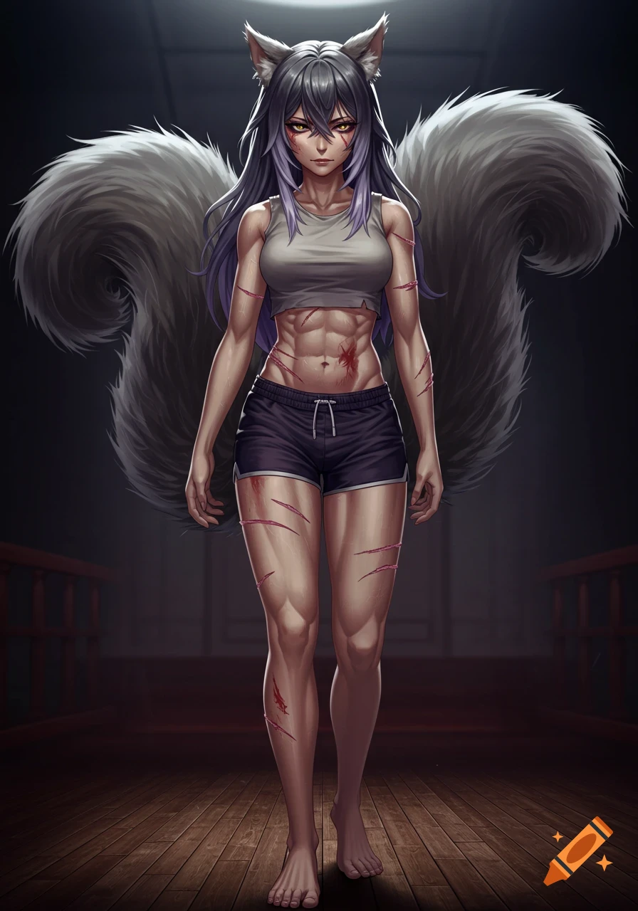 An anime-style woman with gray hair, squirrel ears and tail, and scars stands in a dark room.