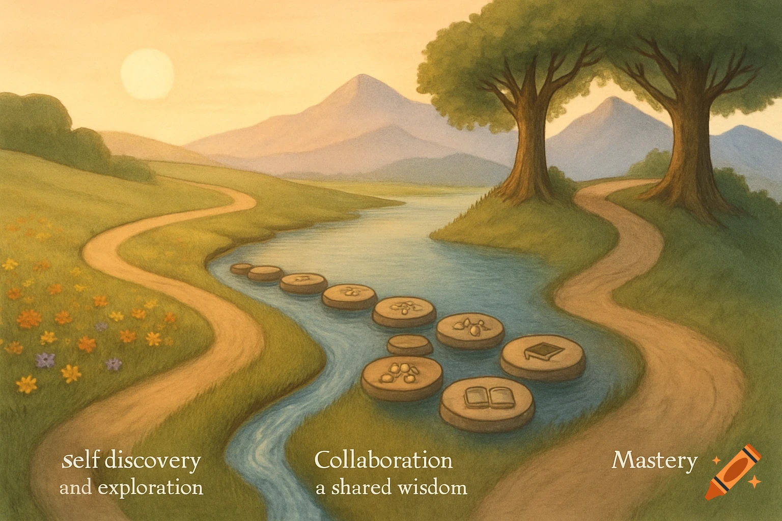 An illustrated landscape with winding paths, a river with stepping stones, and text labels for self discovery, collaboration, and mastery.