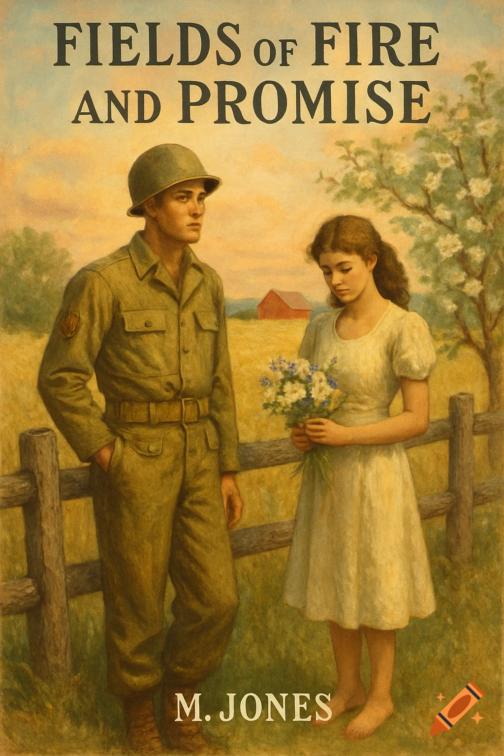 A vintage-style painting of a WWII soldier and a woman holding flowers in a field, with the title 'Fields of Fire and Promise'.