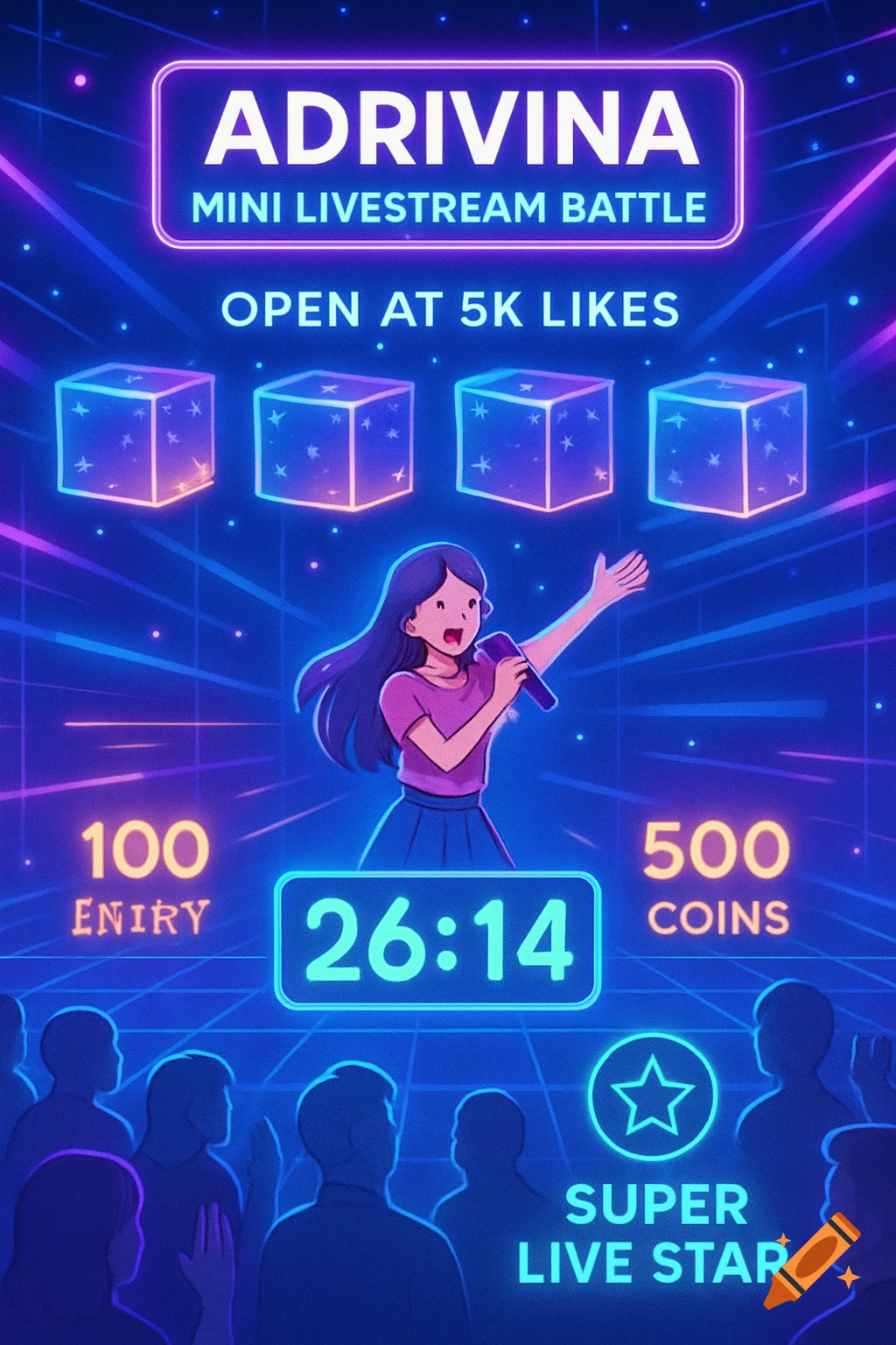 A neon-lit poster for 'Adrivina Mini Livestream Battle' featuring a female singer holding a microphone, glowing cubes, and a crowd silhouette against a blue grid background. Text indicates 'Open at 5K Likes', '100 Entry', '500 Coins', and 'Super Live Star', with a '26:14' timer.