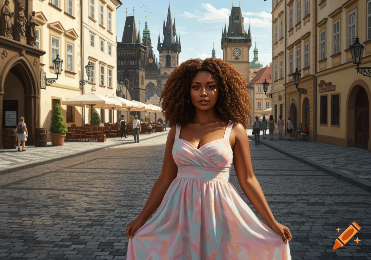 A woman with curly brown hair wearing a colorful summer dress stands on a cobblestone street in a European city with historical buildings and spires.