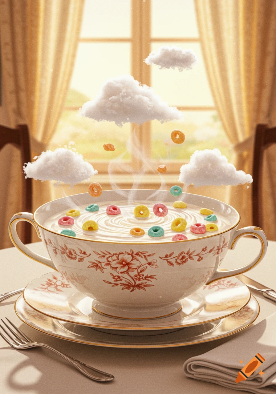A large ornate teacup filled with milk and colorful cereal O's, with small clouds and more cereal floating above, set on a table by a sunlit window.