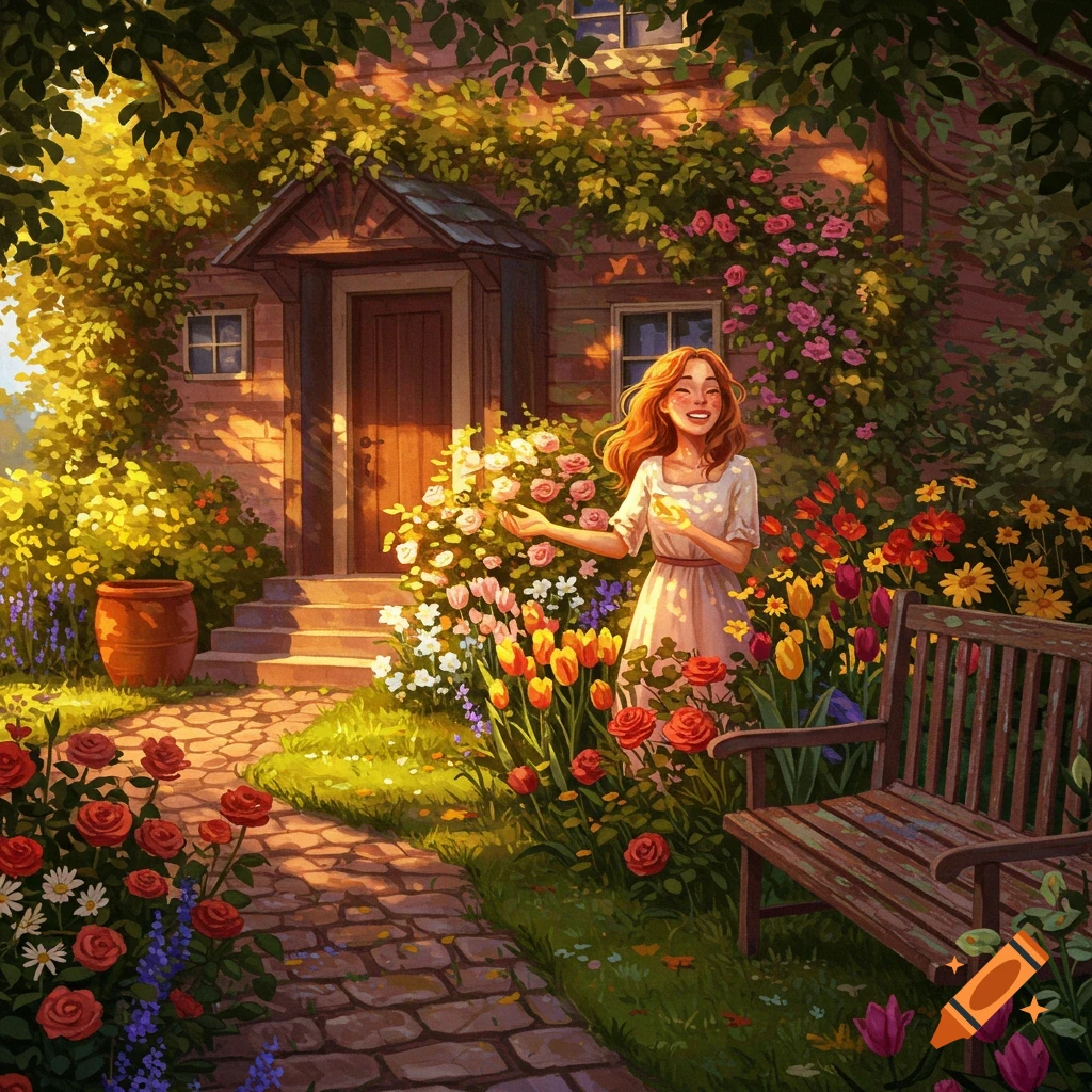 A smiling woman stands in a vibrant, sunlit garden filled with colorful flowers in front of a rustic house.