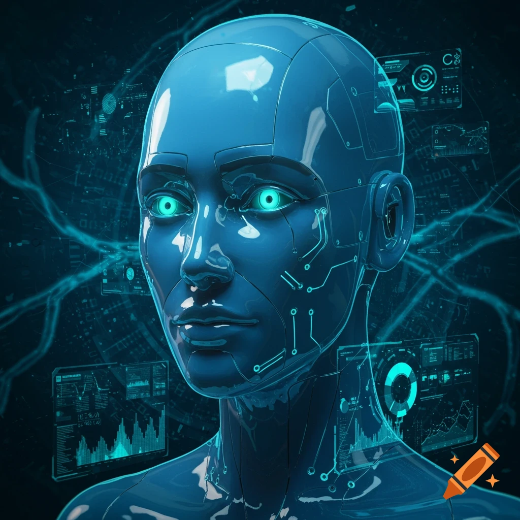 Close-up of a glossy blue robot head with glowing teal eyes, surrounded by holographic data screens and circuit patterns.