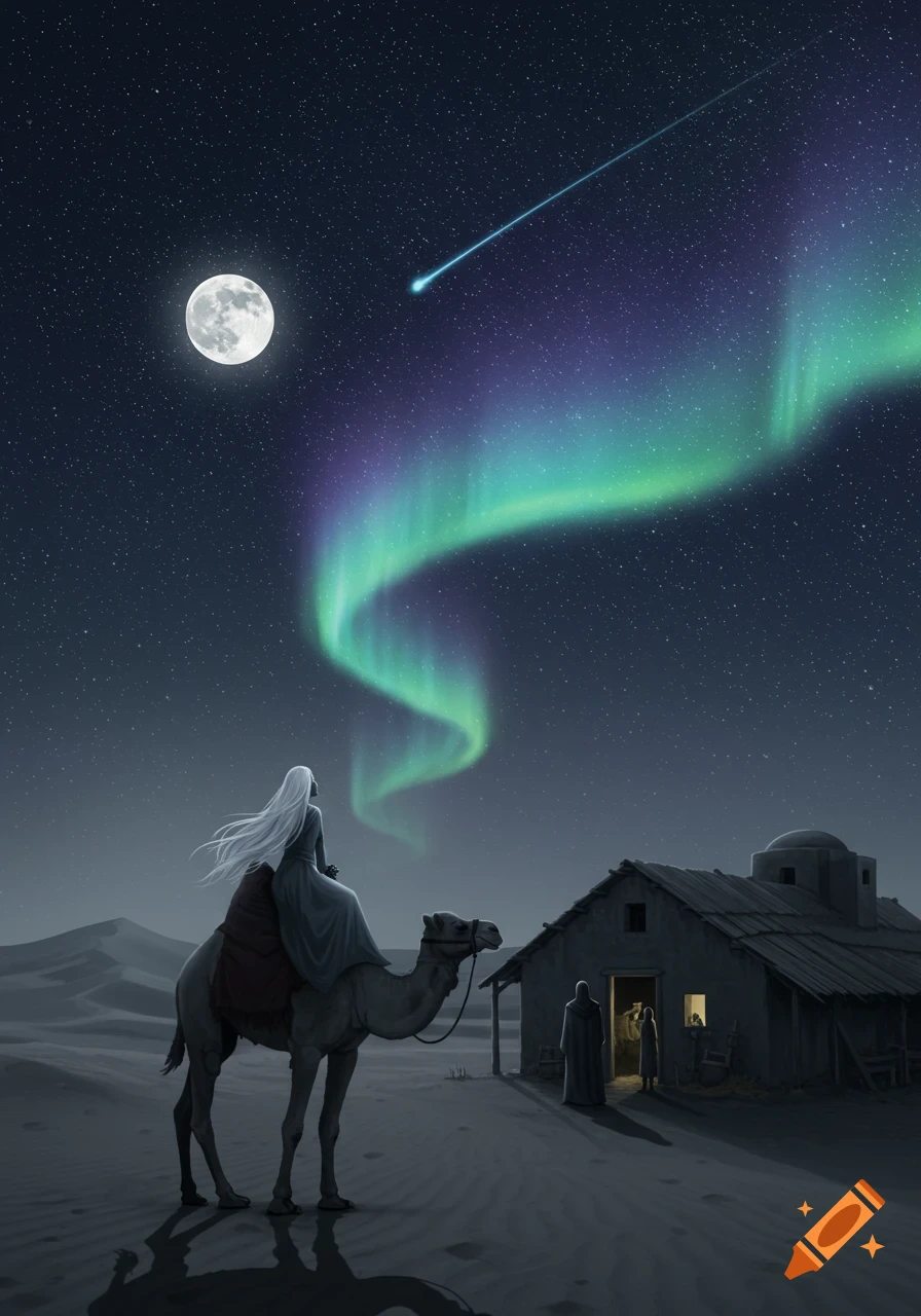 A figure on a camel looks up at a vibrant green aurora, full moon, and shooting star in a starry desert night sky next to a small house.