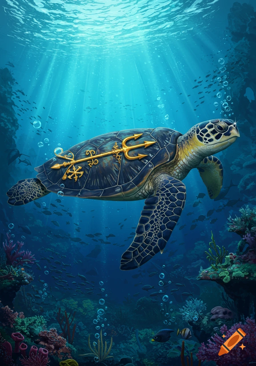 A sea turtle with a golden trident emblem on its shell swims in a vibrant underwater coral reef, with sunrays filtering from above.