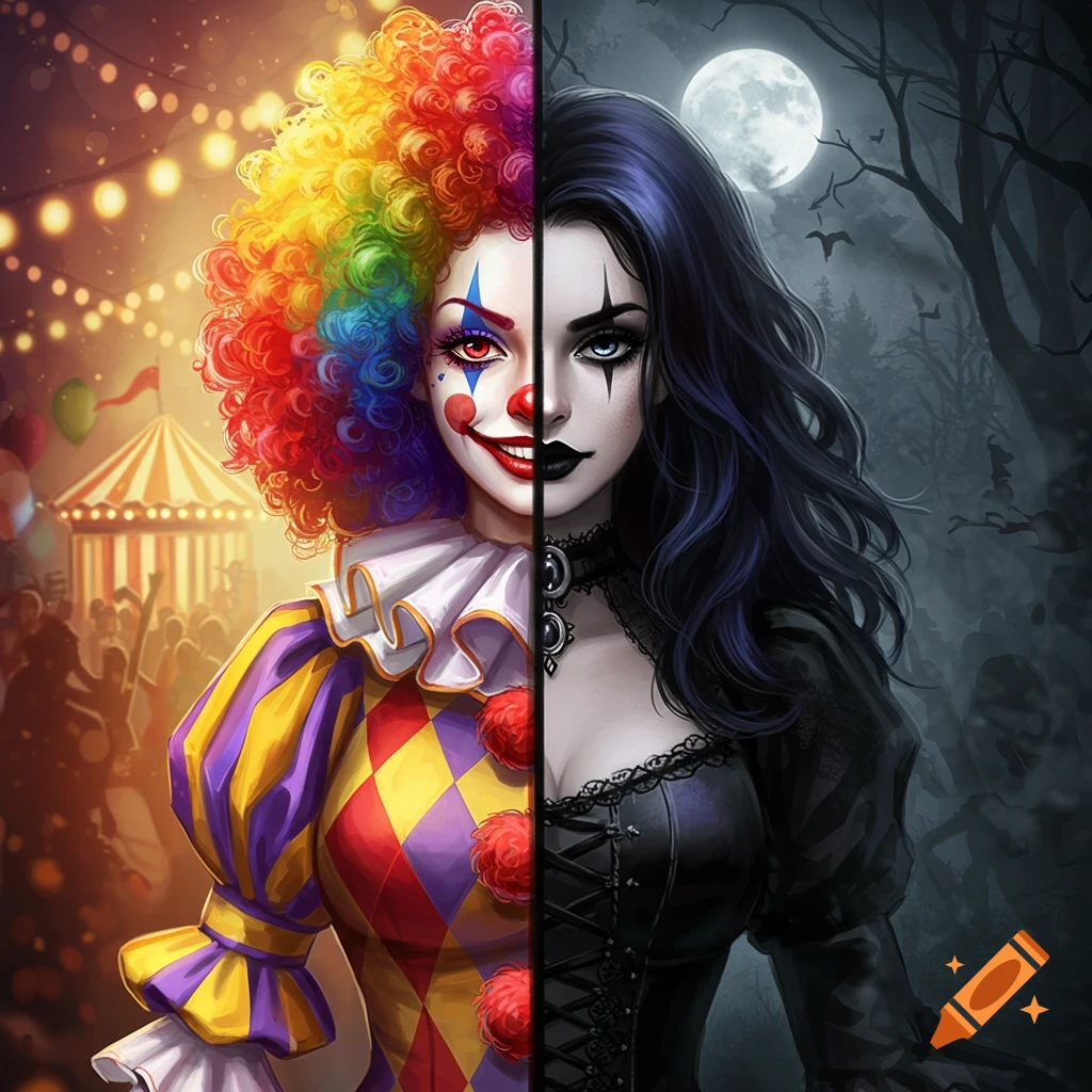 A split image of a woman, half as a colorful rainbow clown at a carnival, and half as a dark gothic clown in a moonlit forest.