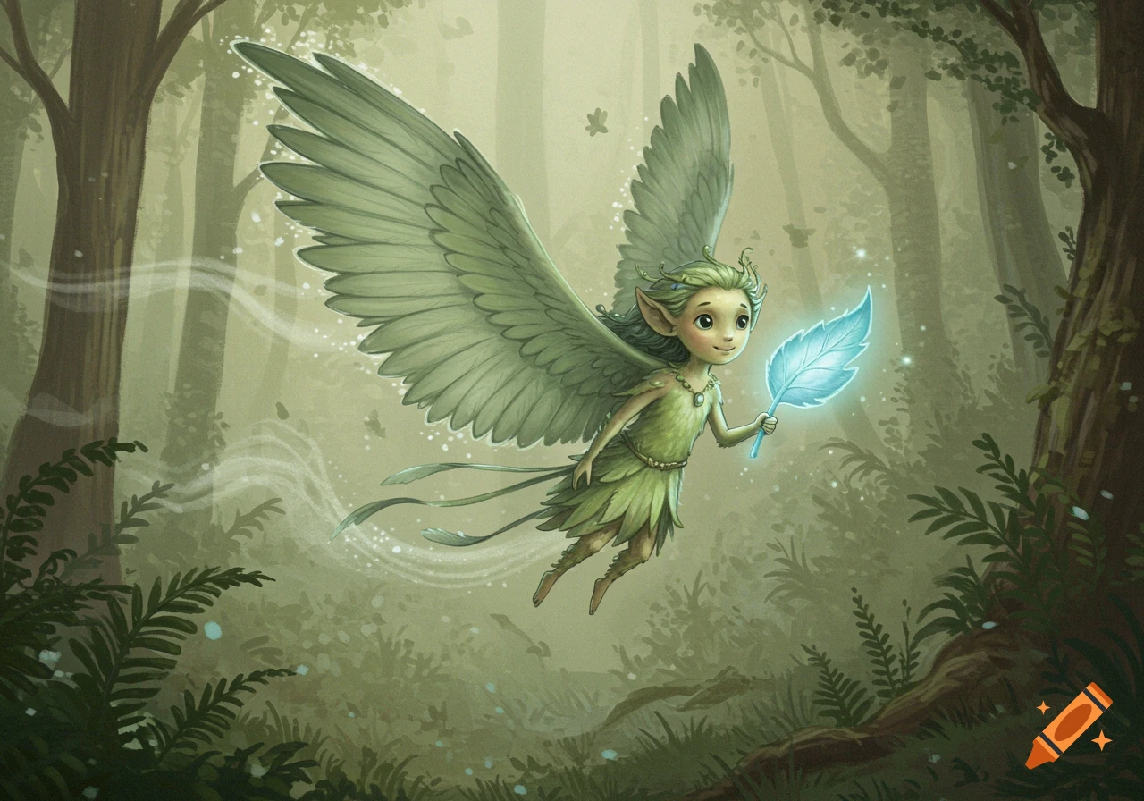 A small, winged fairy-like creature with sage-green wings and a leaf outfit flies through a muted forest, holding a glowing blue leaf. Child-friendly illustration.