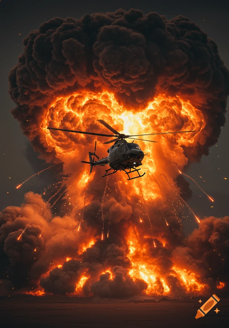 A photorealistic image of a dark helicopter flying away from a massive, fiery explosion with a mushroom cloud of smoke.