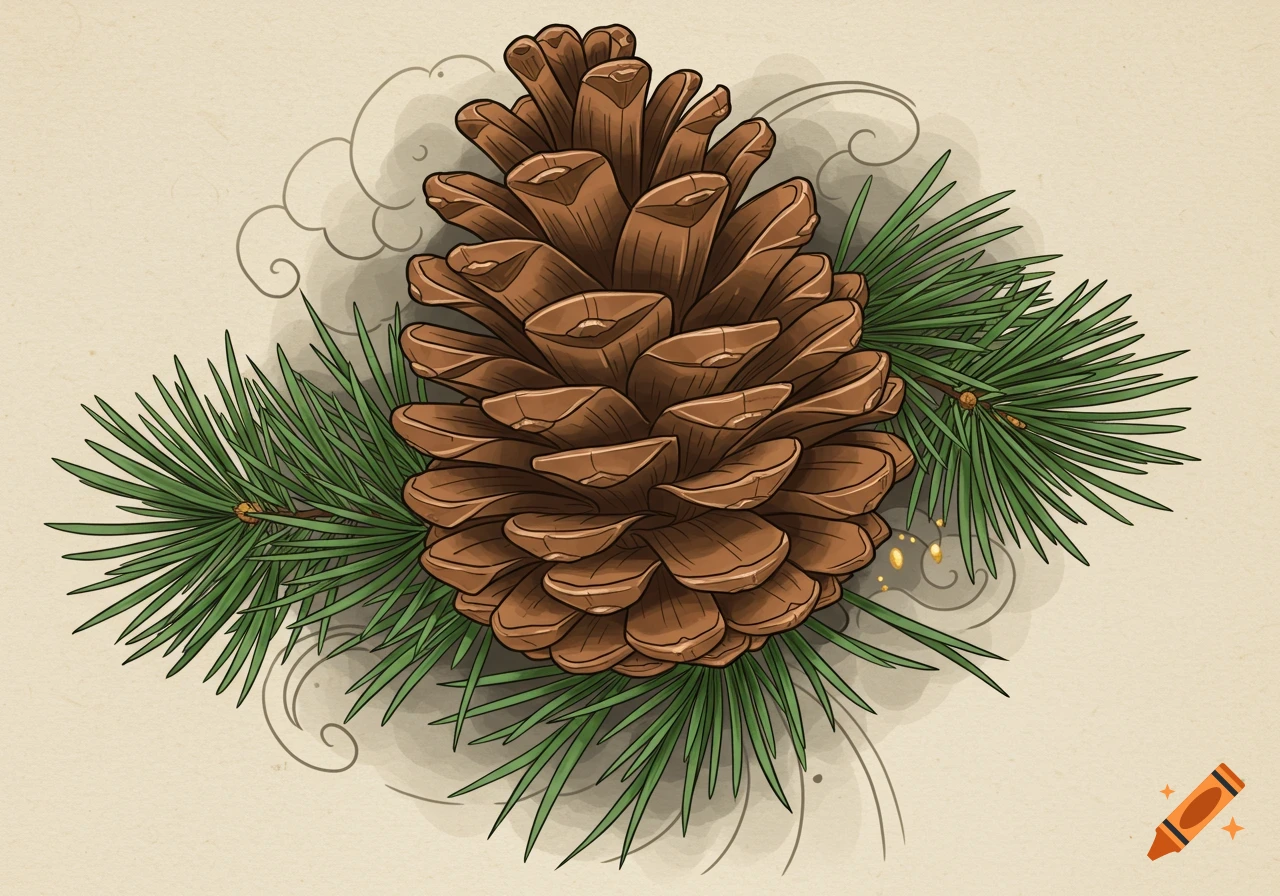 A neo-traditional illustration of a pine cone with green needles on a light background.