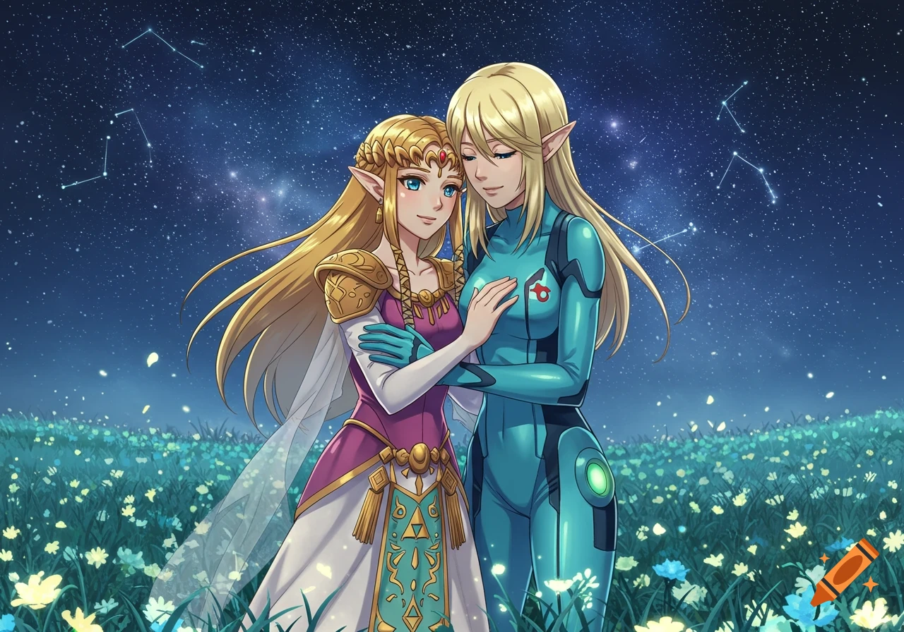 Anime drawing of Princess Zelda and Samus Aran embracing in a starry field with glowing flowers.