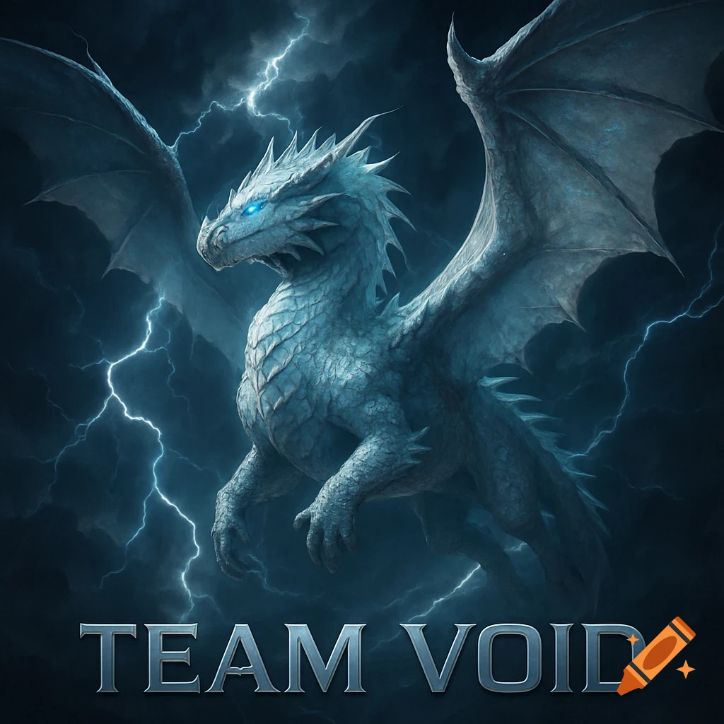 A white dragon with glowing blue eyes flying through a dark stormy sky with lightning, with the text 'TEAM VOID' at the bottom.