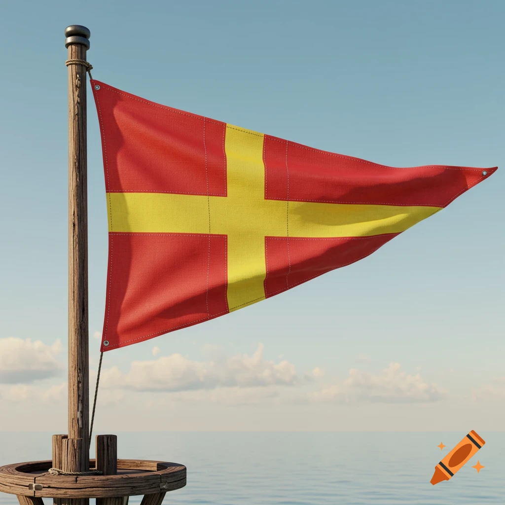 A red triangular flag with a yellow cross attached to a wooden mast, against a blue sky with clouds and the ocean below.