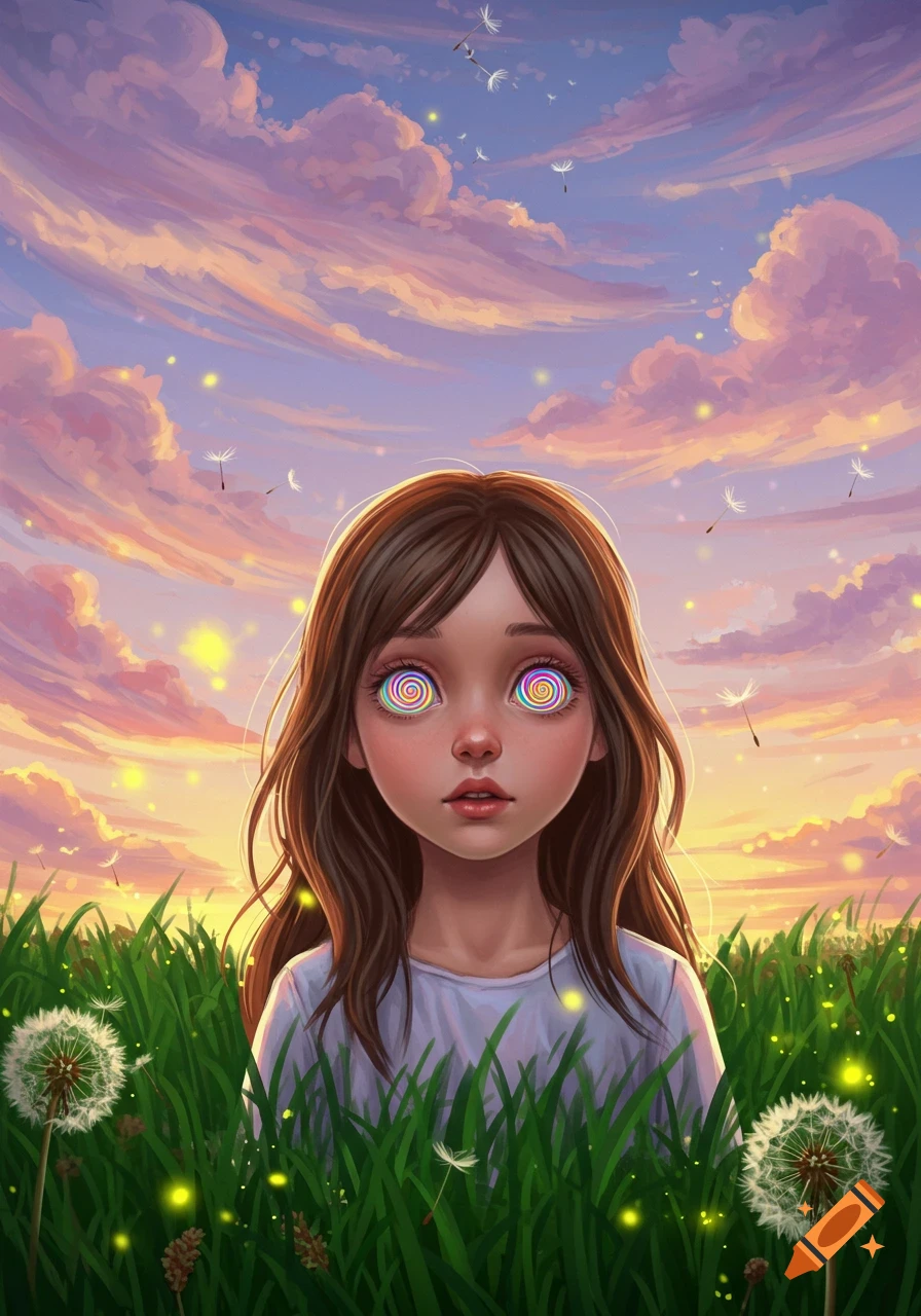 A digital illustration of a young girl with colorful spiral eyes in a green field under a vibrant sunset sky with floating dandelion seeds.