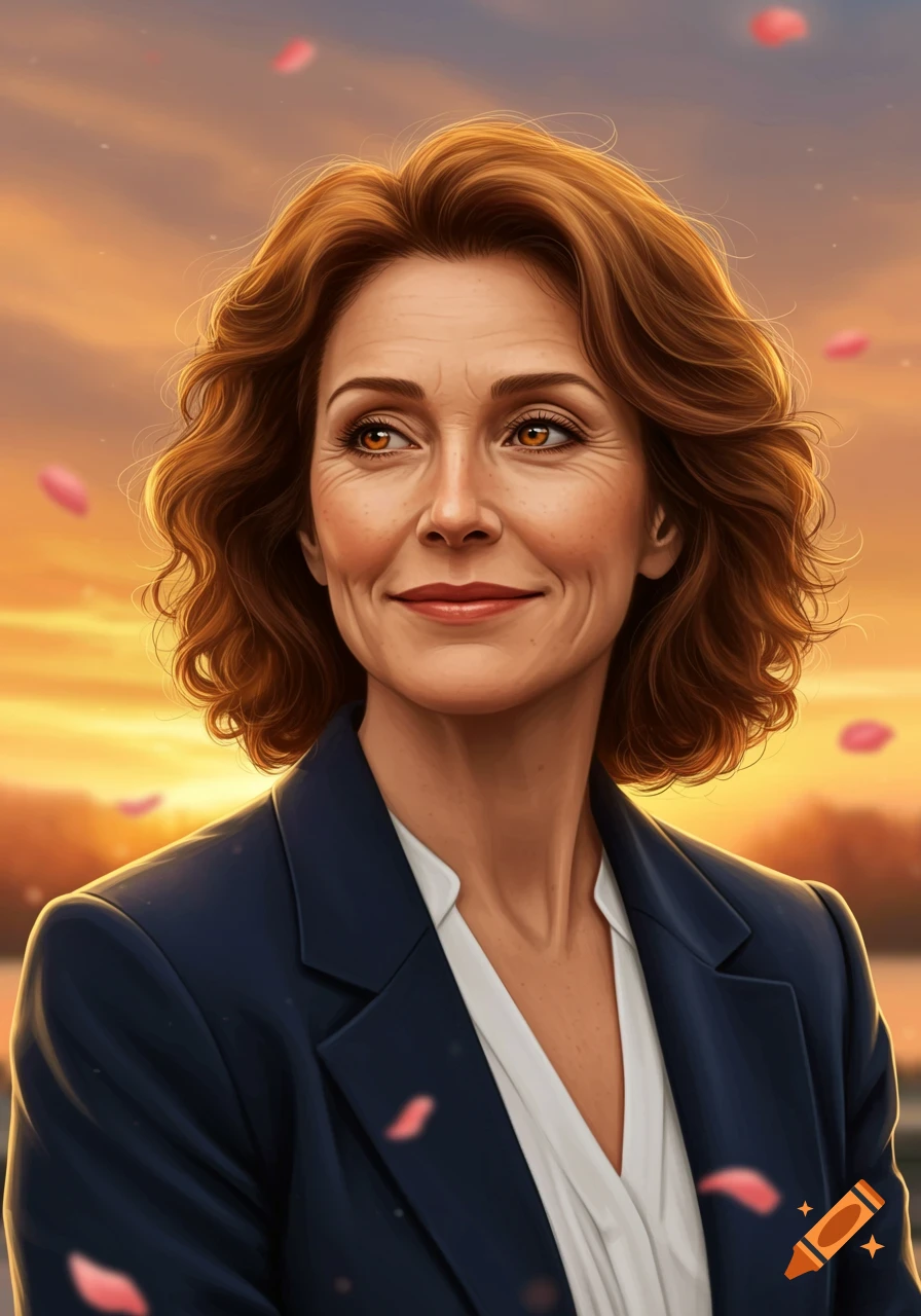 Digital art portrait of a smiling middle-aged woman with brown hair and amber eyes, wearing a blazer, set against a warm sunset sky with falling petals.