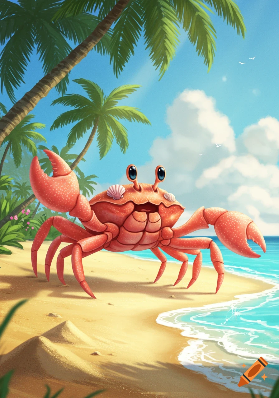 Cute cartoon crab on a sunny tropical beach with palm trees and blue ocean waves.