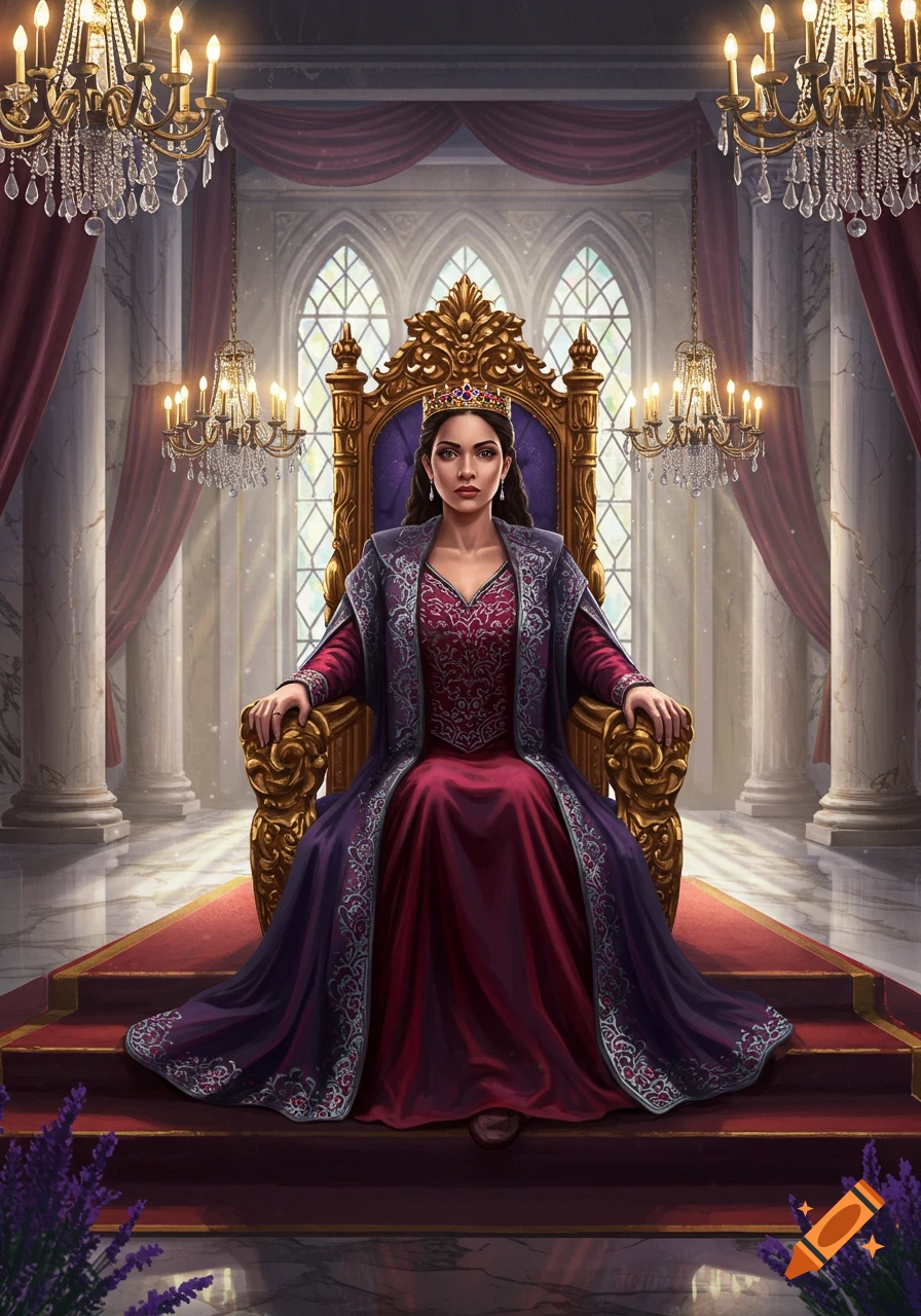 A queen sits regally on an ornate gold throne in a grand, richly decorated hall, looking forward.