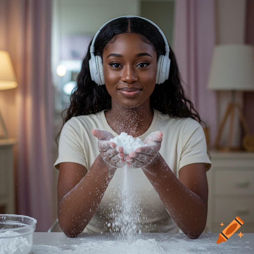 A Black woman with headphones smiles, holding cornstarch in her hands as it sprinkles onto a white surface.