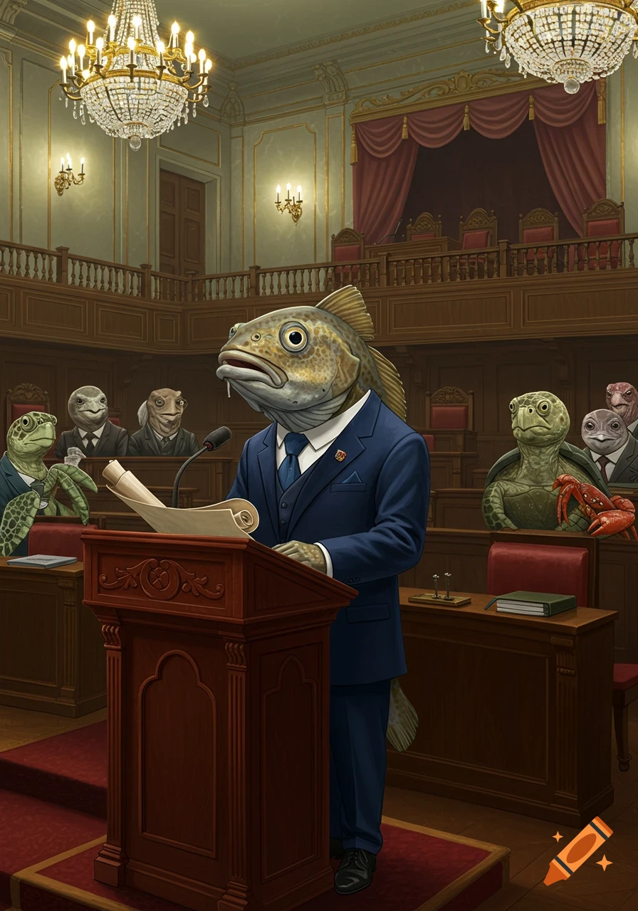 An anthropomorphic cod fish in a suit speaks at a podium in a grand hall, with turtles, a crab, and other sea creatures in attendance.