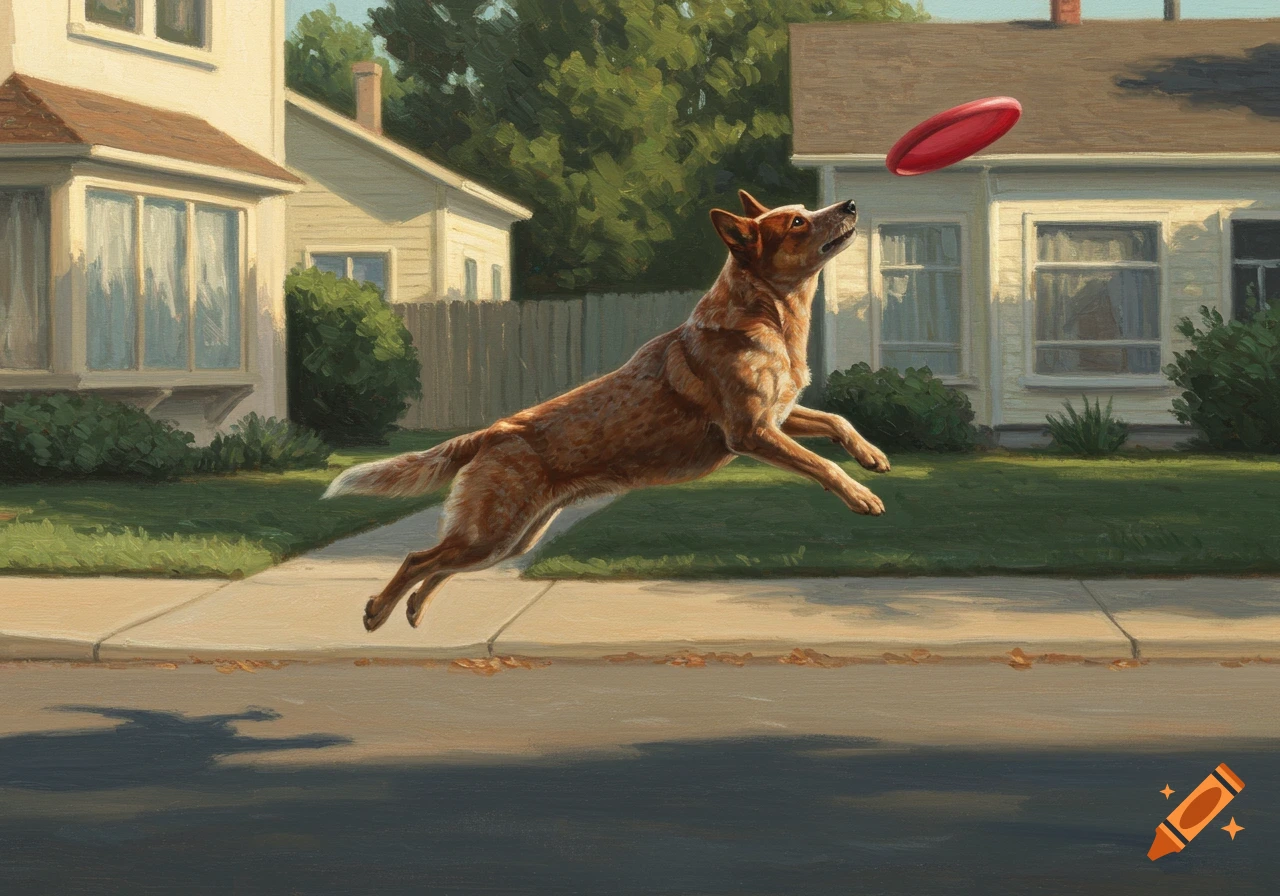 A red heeler dog jumps in mid-air to catch a red frisbee on a suburban street, in a painted style.