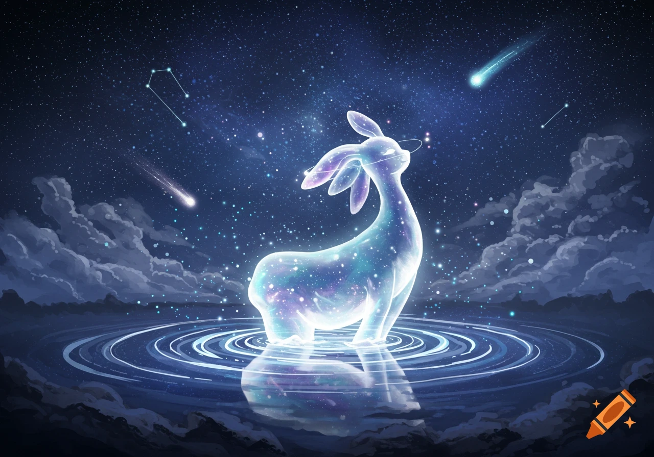 A glowing, ethereal deer-like creature stands in rippling water under a dark blue starry night sky with shooting stars and constellations.