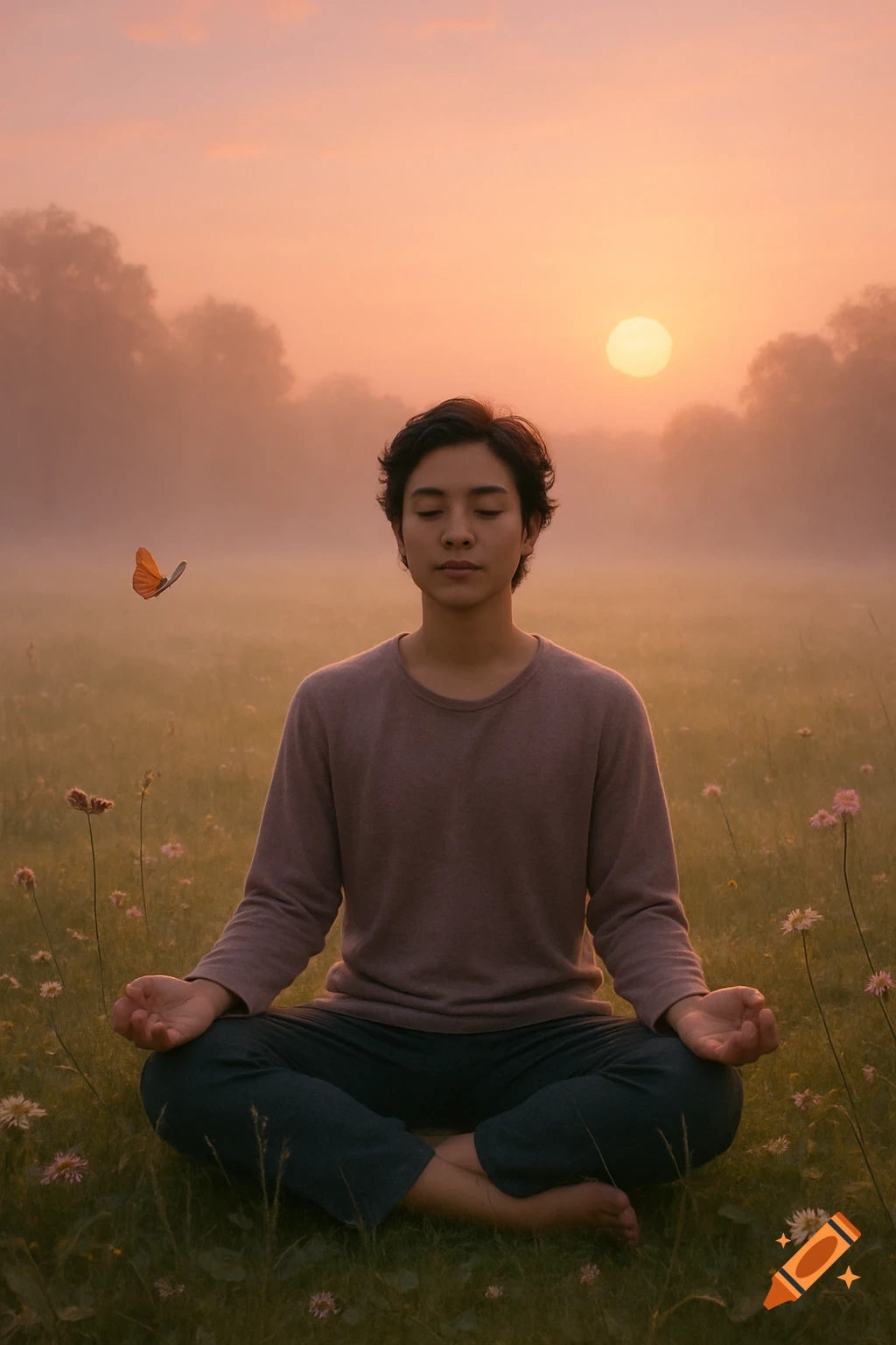 A person meditates in a misty field at sunrise, with a butterfly nearby. Photorealistic.
