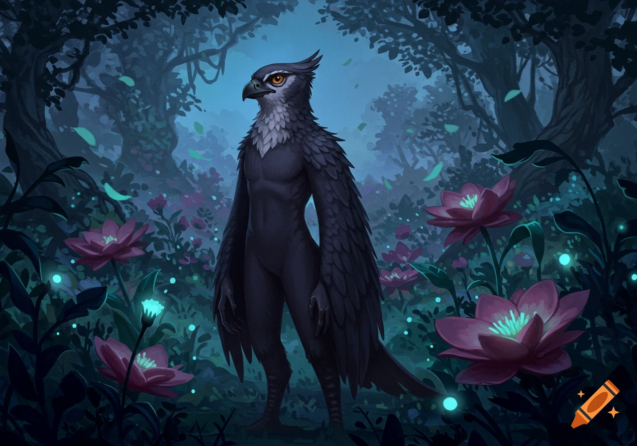 An anthropomorphic owl-like creature stands in a dark, mystical forest with glowing pink lotus flowers.