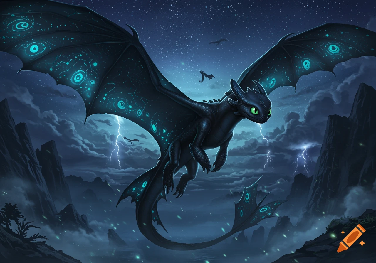 A black dragon with glowing blue patterns flies through a stormy night sky with lightning over mountains.