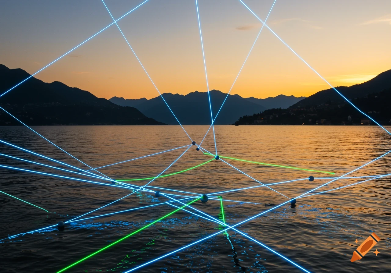 Photorealistic image of glowing blue and green lines connecting over Lake Como at sunset with mountains in the background.