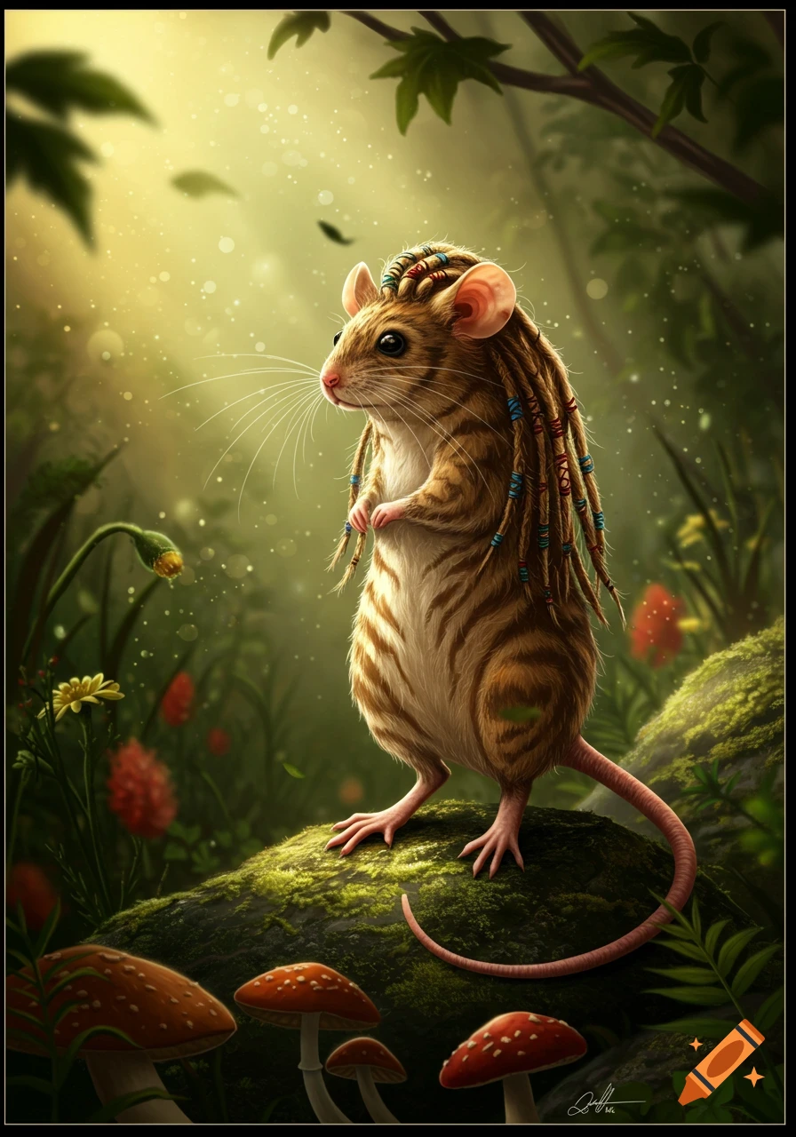 A detailed illustration of a tan brindle patterned mouse with dreadlocks standing on a mossy log in a magical forest with mushrooms.