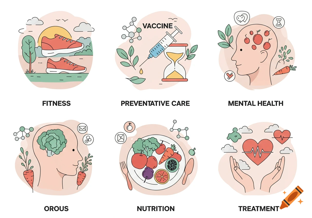 Six minimalist line art illustrations on health topics, including fitness, preventative care, mental health, nutrition, and treatment, with one incorrect label.