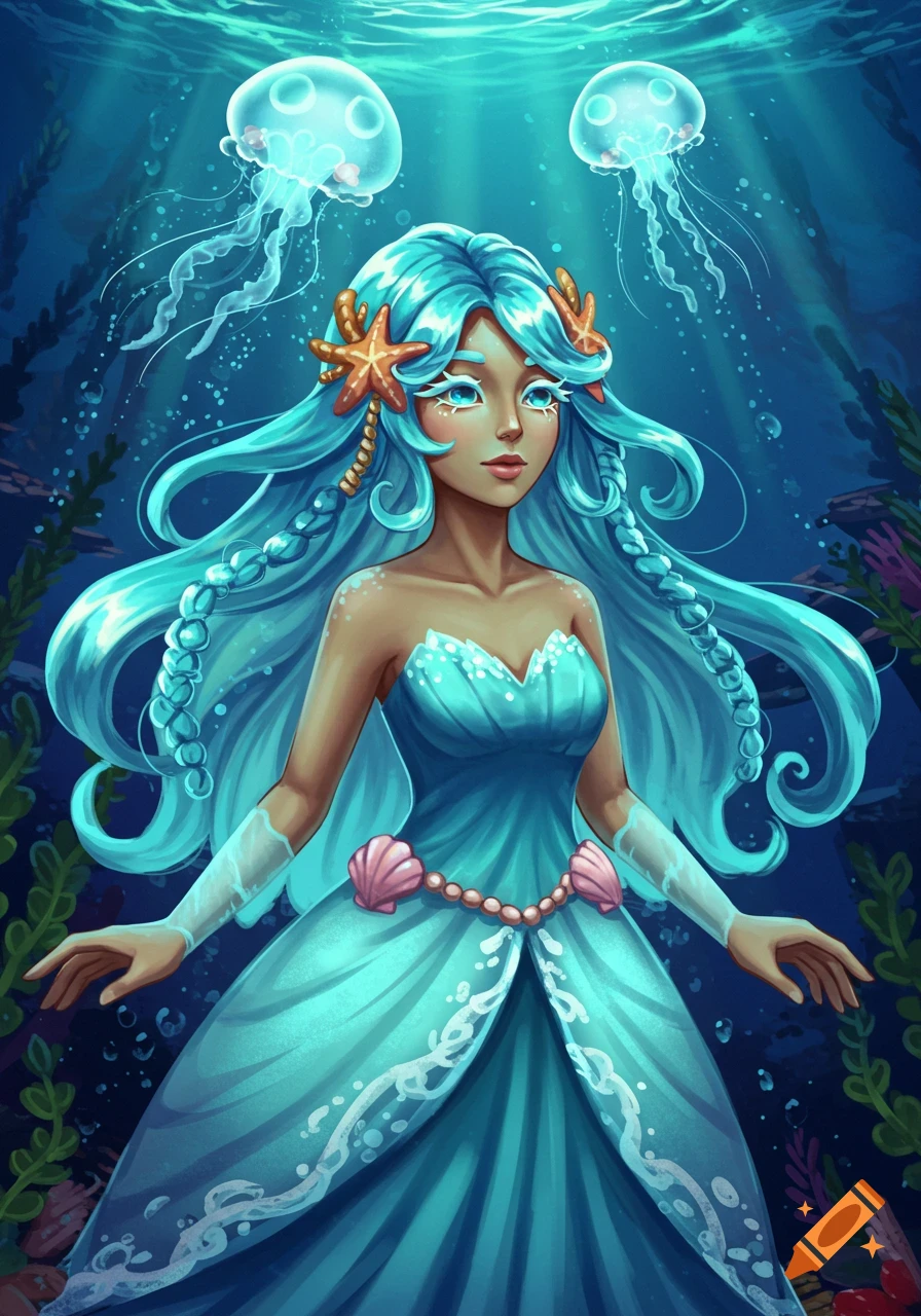 An illustrated sea fairy with long blue hair, a blue dress, and starfish in her hair, surrounded by jellyfish underwater.