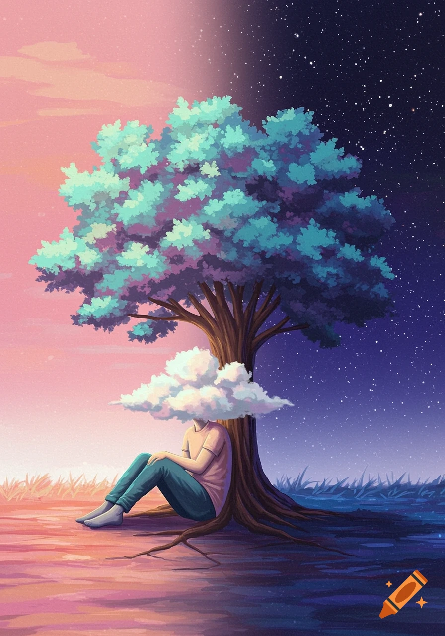 A person with a cloud for a head sits under a tree split between a pink daytime sky and a starry night sky. Colorful illustration.