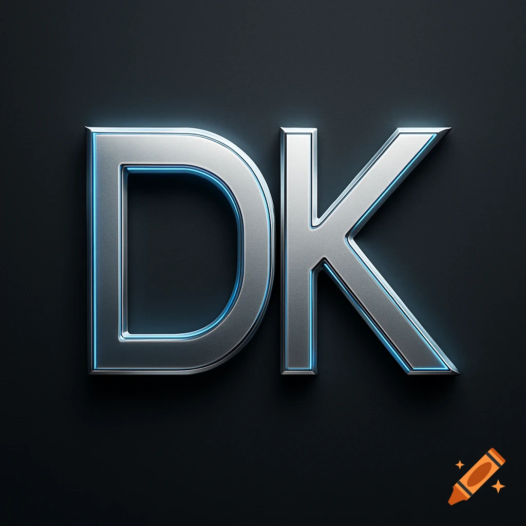 Silver metallic letters 'DK' with blue neon glow against a dark background, in a modern and sleek style.