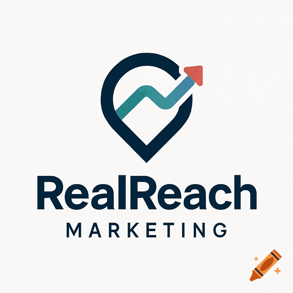 Logo for RealReach Marketing: a dark blue location pin with an upward teal and red arrow inside, and the company name in sans-serif text below.