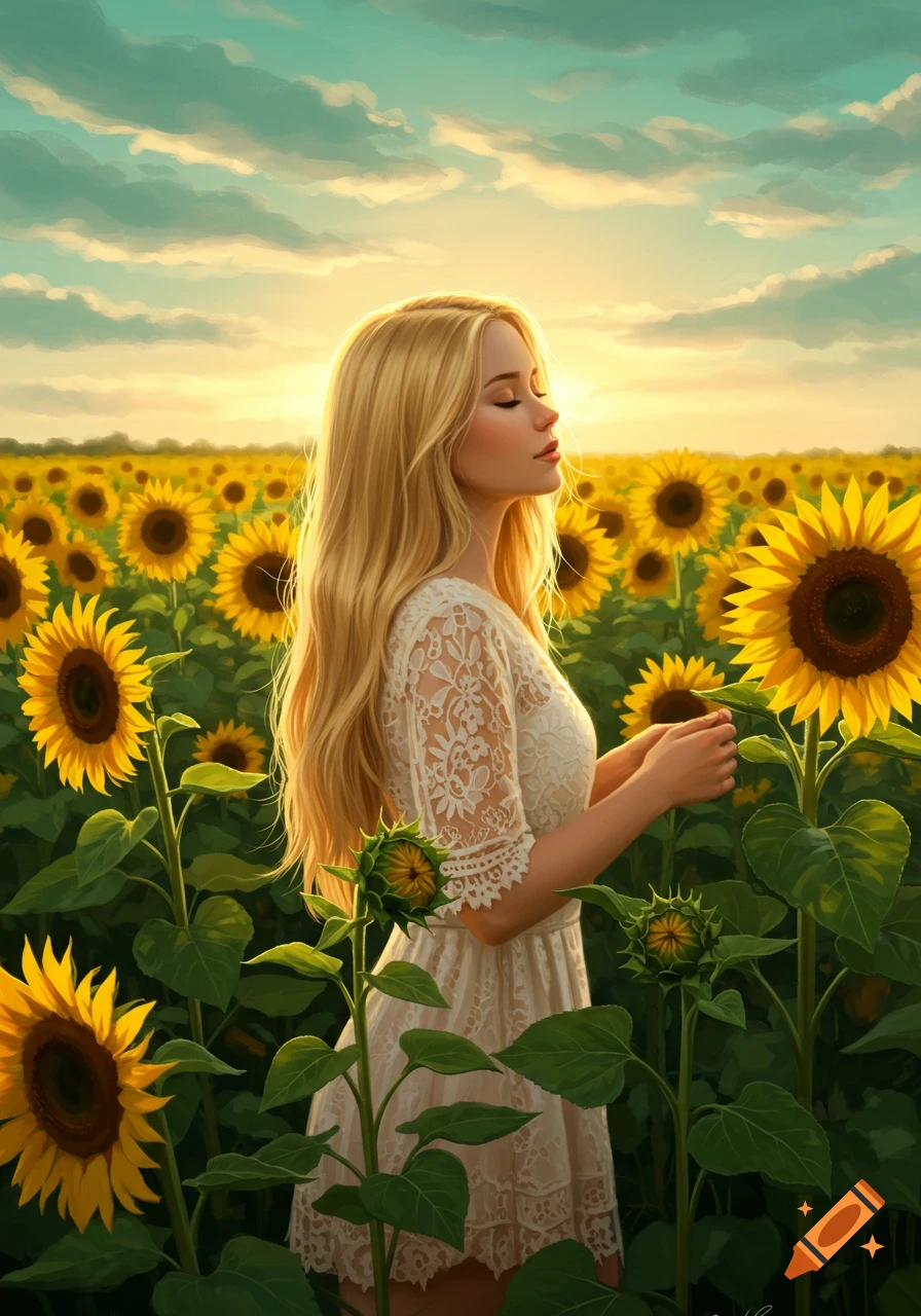 A blonde woman with eyes closed, standing in a field of sunflowers at sunset, wearing a white lace dress. Photorealistic style.