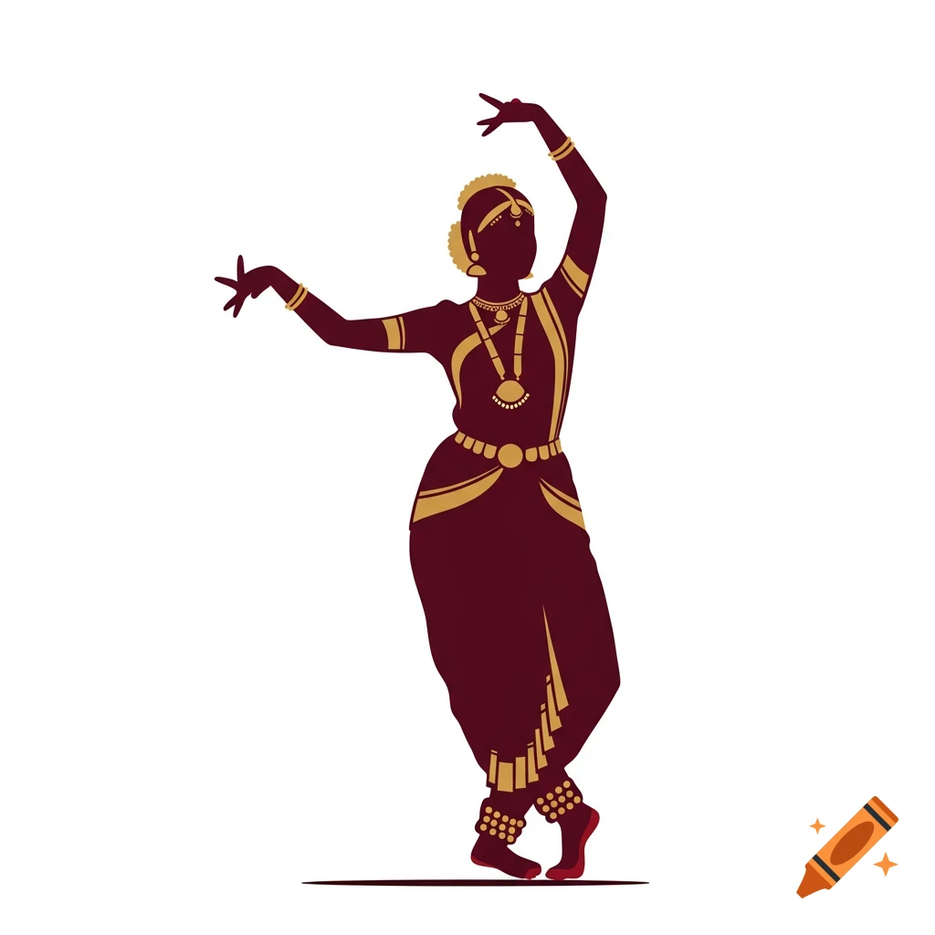 A silhouette of an Indian Bharatanatyam dancer in a traditional pose, adorned with gold jewelry against a white background.