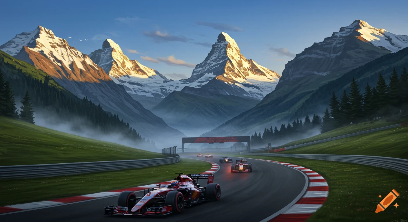 Photorealistic image of F1 cars racing on a track winding through a scenic mountain valley with snow-capped peaks at sunrise.