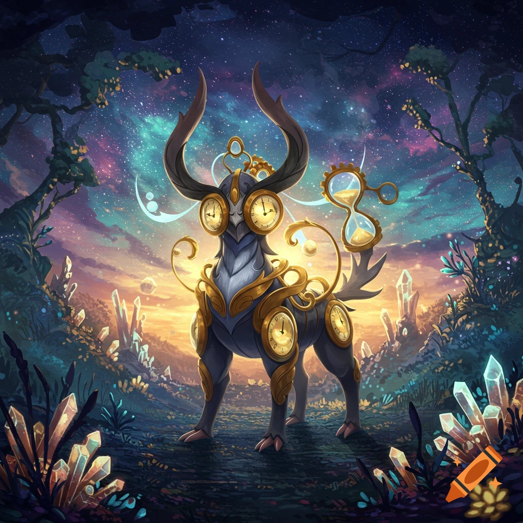 A fantastical creature adorned with clocks and an hourglass, standing in a magical landscape with glowing crystals under a starry sky.