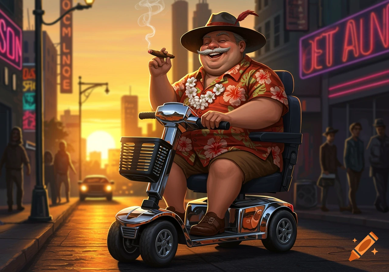 A smiling, overweight man with a mustache, wearing a Hawaiian shirt and hat, rides a mobility scooter on a city street at sunset, smoking a cigar.
