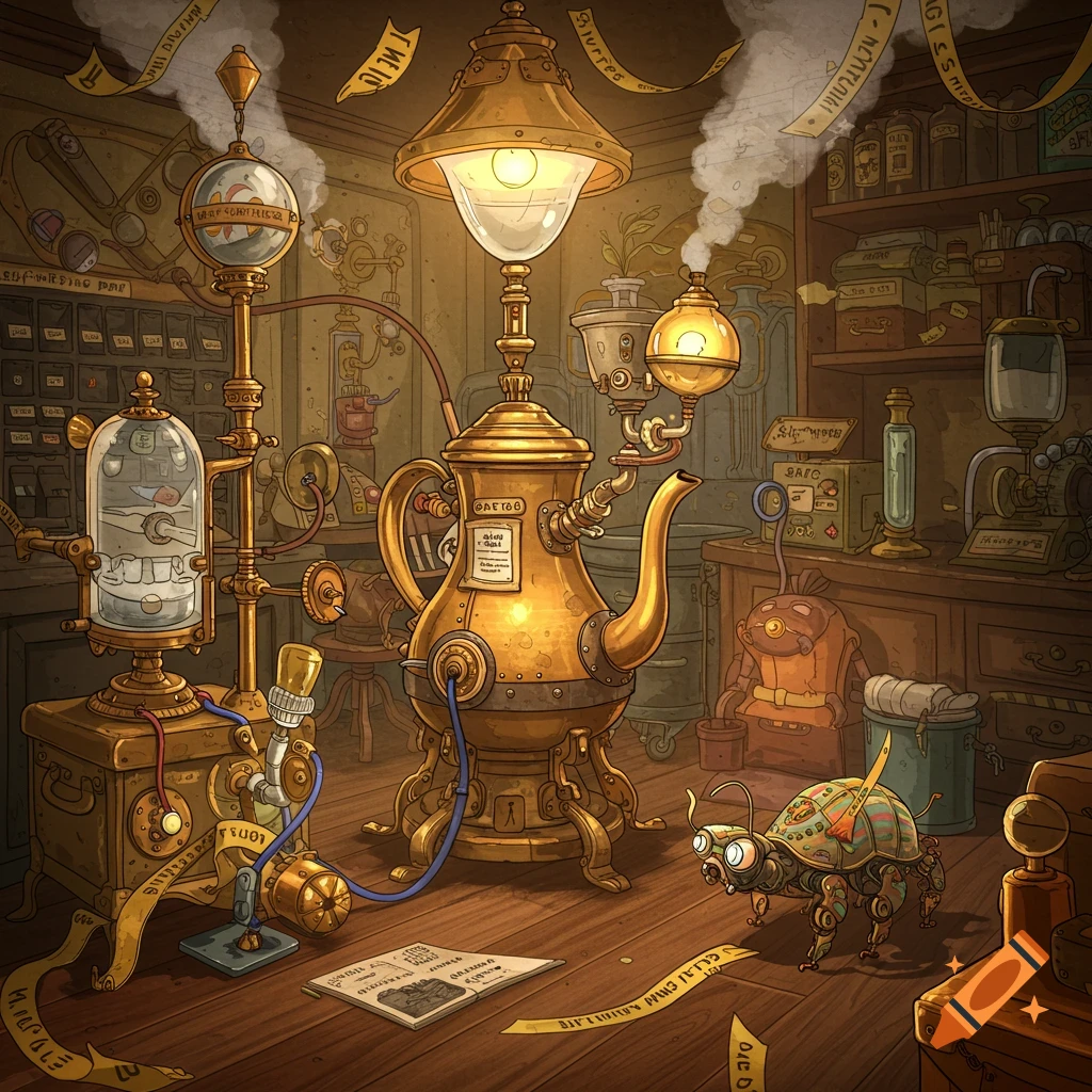 An intricate, brass steampunk laboratory with various machines, including a large teapot-like device and a mechanical insect, emitting smoke in a cluttered workshop.