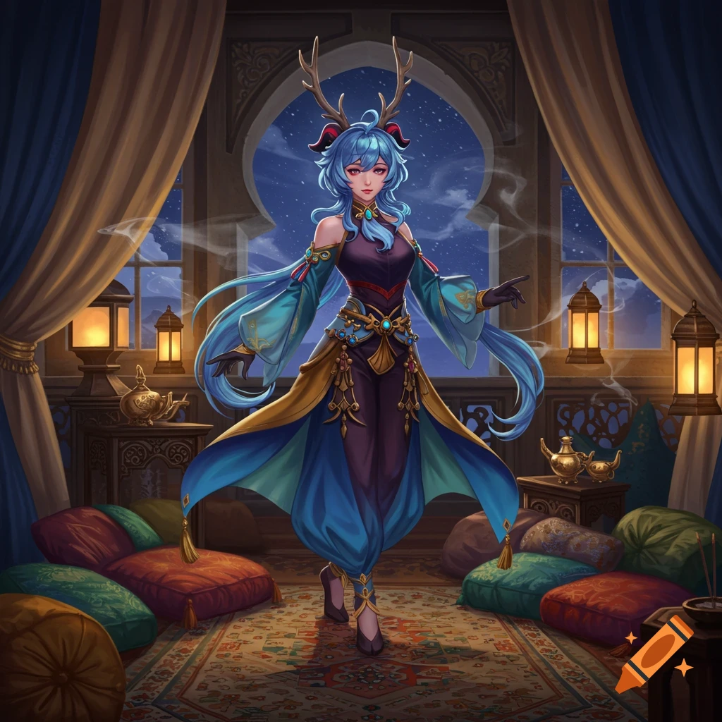 A blue-haired anime character with antlers in an elaborate blue and gold fantasy outfit in an Arabian-style room at night.