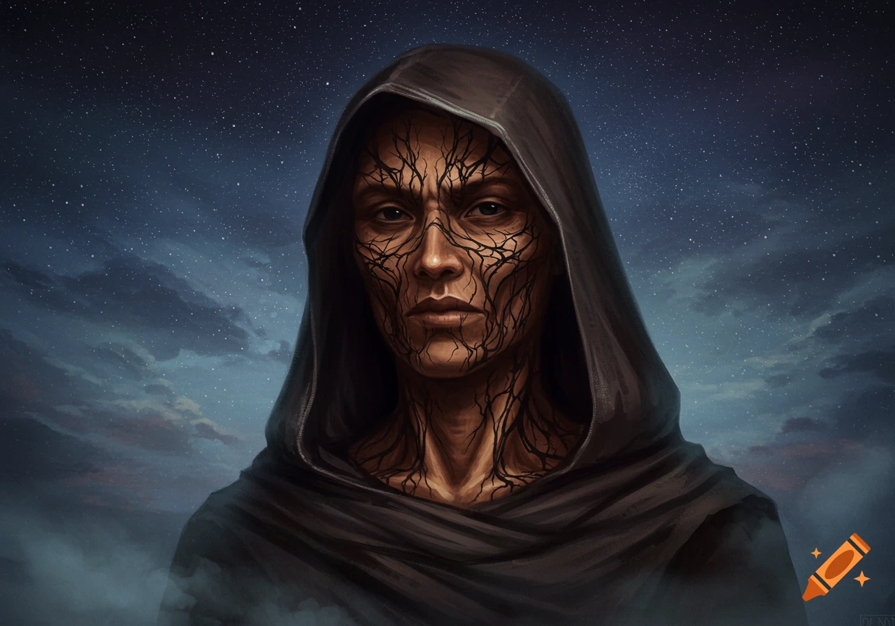 A hooded person with intricate black veins on their face and neck, looking forward against a starry night sky.