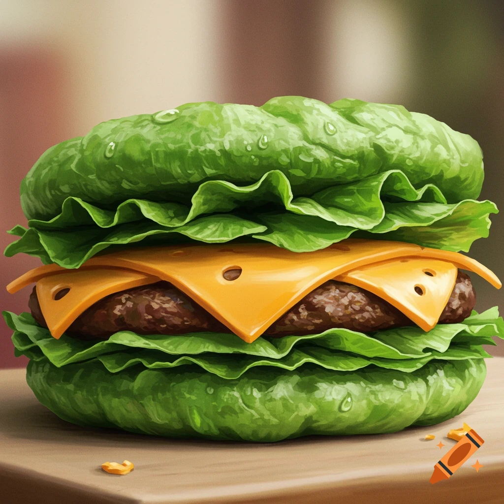 A close-up of a cheeseburger with large lettuce leaves for buns, a meat patty, and two slices of Swiss cheese on a wooden surface.