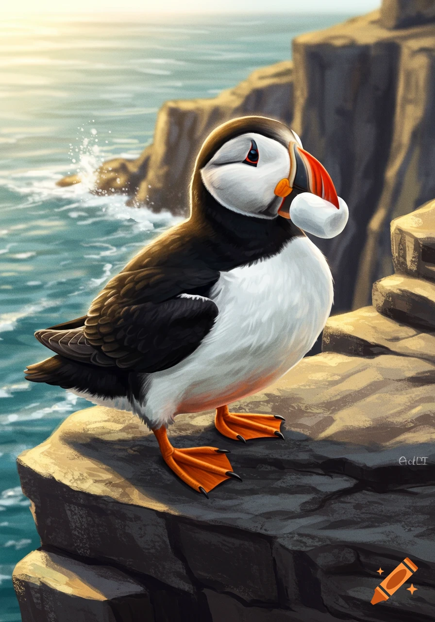 A cute puffin with a marshmallow in its beak stands on a rocky cliff overlooking the ocean at sunset, in a digital painting style.
