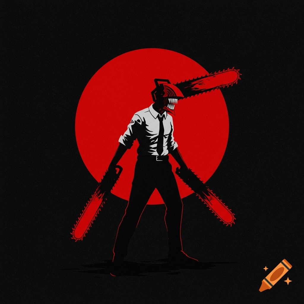 A minimalist illustration of Chainsaw Man, silhouetted against a red circle, holding two chainsaws.